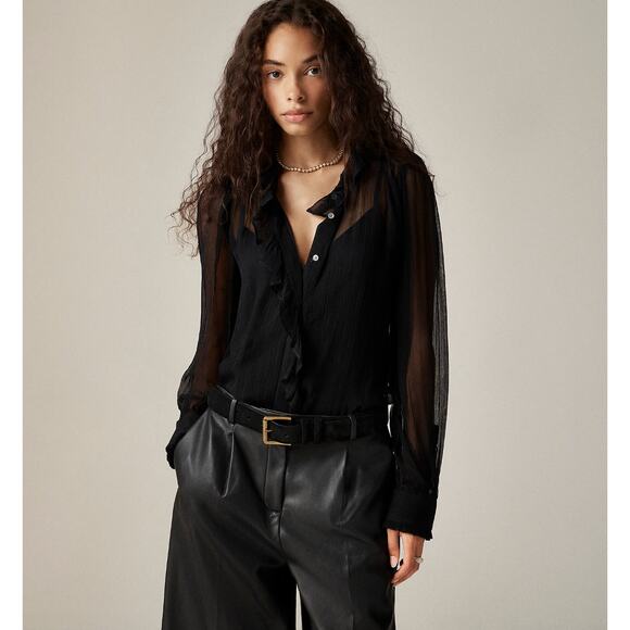 J.Crew Ruffle Button Up Shirt Crinkle Chiffon Sheer Boho Cupro Black US 18 NWT - Picture 1 of 13